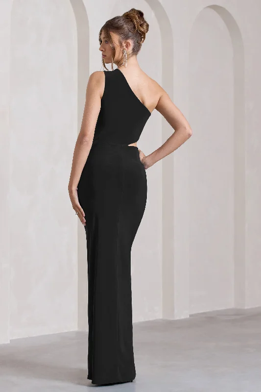 Emmy | Black One Shoulder Cut-Out Split Maxi Dress