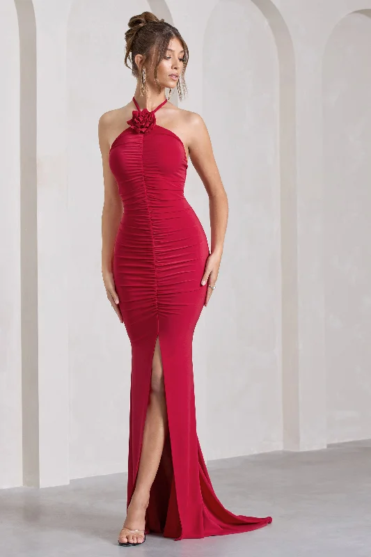 Holly | Red Ruched Halter-Neck Split Fishtail Maxi Dress