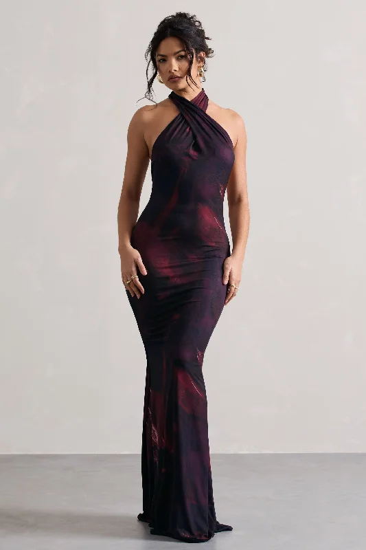 Invincible | Plum Print Cross Over Halter-Neck Open-Back Maxi Dress