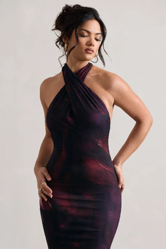 Invincible | Plum Print Cross Over Halter-Neck Open-Back Maxi Dress