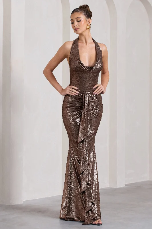 Kaia | Bronze Metallic Ruched Cowl-Neck Maxi Dress With Drape