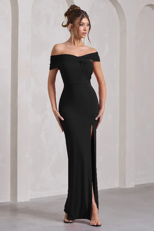 Kara | Black Asymmetric Twisted Bardot Split Maxi Dress