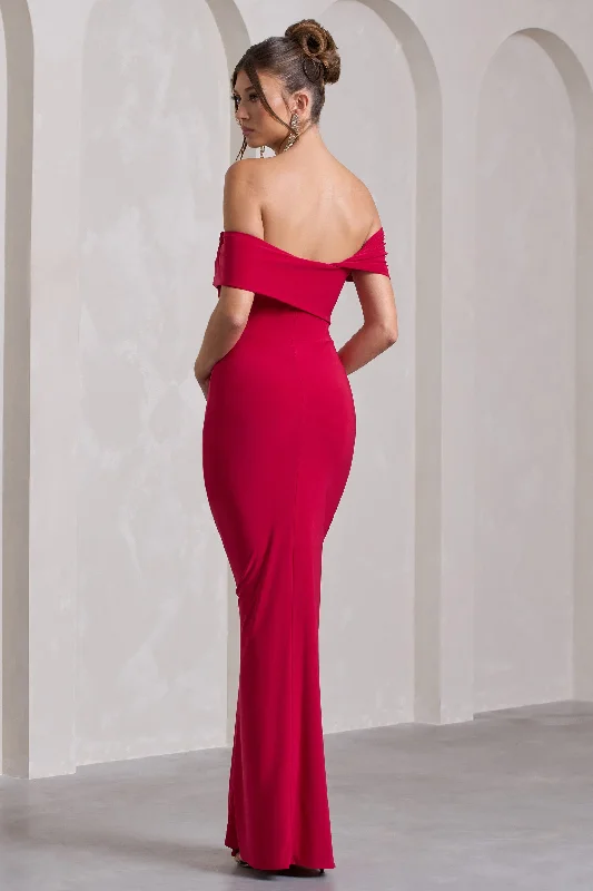 Kara | Red Asymmetric Twisted Bardot Split Maxi Dress