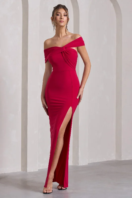 Kara | Red Asymmetric Twisted Bardot Split Maxi Dress