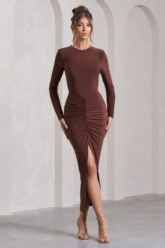 Katy | Chocolate Ruched Long-Sleeve Split Maxi Dress