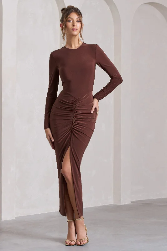 Katy | Chocolate Ruched Long-Sleeve Split Maxi Dress