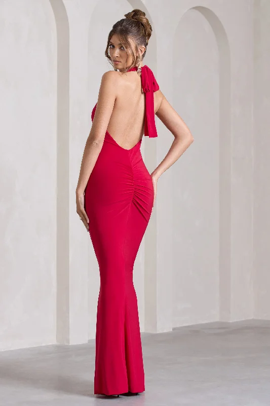 Leonie | Red Halter-Neck Split Maxi Dress With Wrap Detail