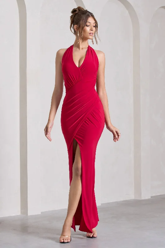 Leonie | Red Halter-Neck Split Maxi Dress With Wrap Detail