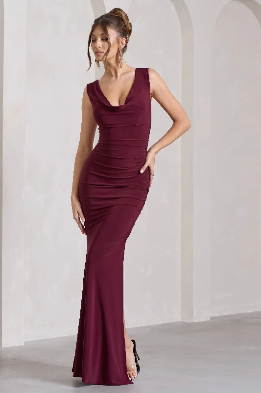 Lolita | Burgundy Ruched Cowl-Neck Sleeveless Maxi Dress