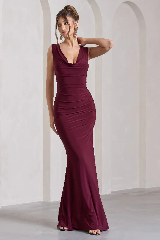 Lolita | Burgundy Ruched Cowl-Neck Sleeveless Maxi Dress