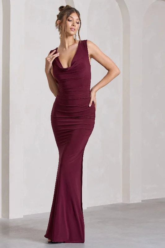 Lolita | Burgundy Ruched Cowl-Neck Sleeveless Maxi Dress