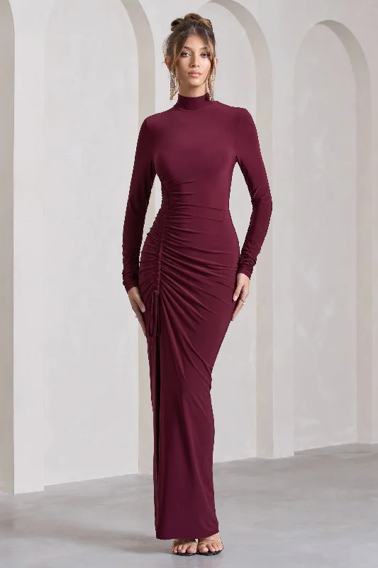 Lynn | Burgundy Ruched High-Neck Split Maxi Dress