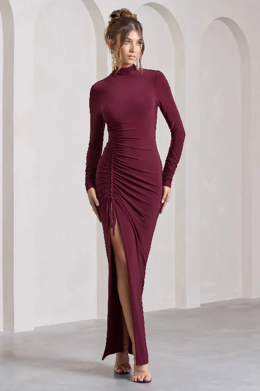 Lynn | Burgundy Ruched High-Neck Split Maxi Dress