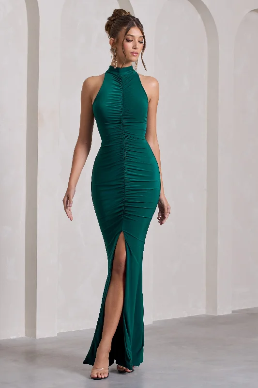 Memorable | Bottle Green Ruched High-Neck Split Fishtail Maxi Dress