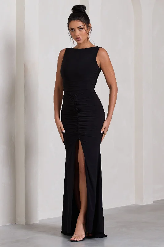 My Presence | Black Ruched Fishtail Split Maxi Dress