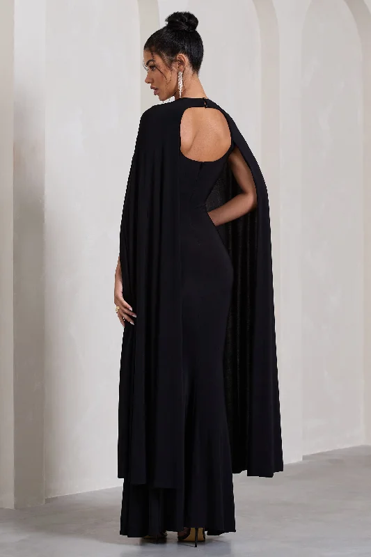 Standing Ovation | Black Plunge-Neck Cape Maxi Dress