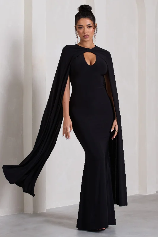 Standing Ovation | Black Plunge-Neck Cape Maxi Dress