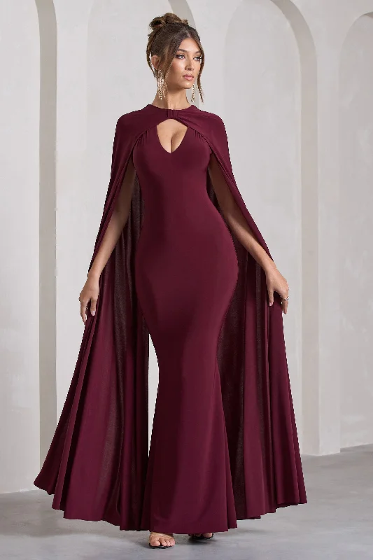 Standing Ovation | Burgundy Plunge-Neck Cape Maxi Dress