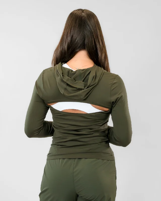 Tempo Open Back Hoodie - Dark Olive - FINAL SALE