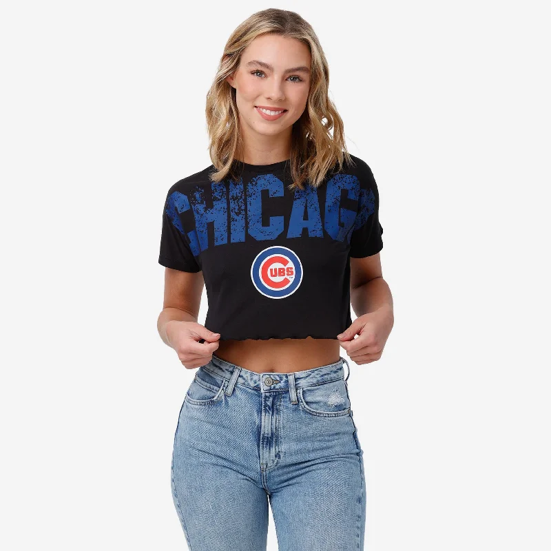 Chicago Cubs Womens Petite Distressed Wordmark Crop Top