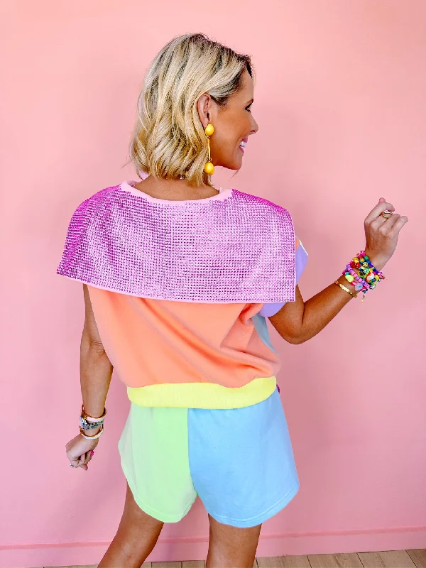 PASTEL COLORBLOCK RHINESTONE POCKET SHORT