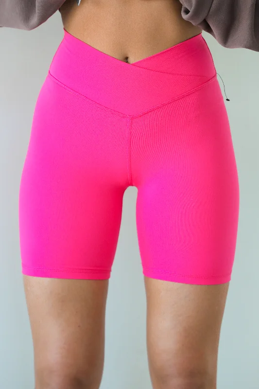 Taking Flight Cross Front Biker Shorts: Hot Pink