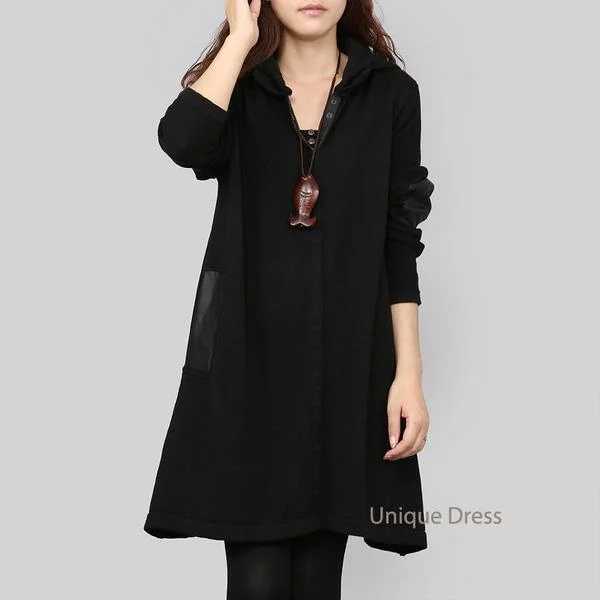 Black Hooded women spring sweater coat cardigan