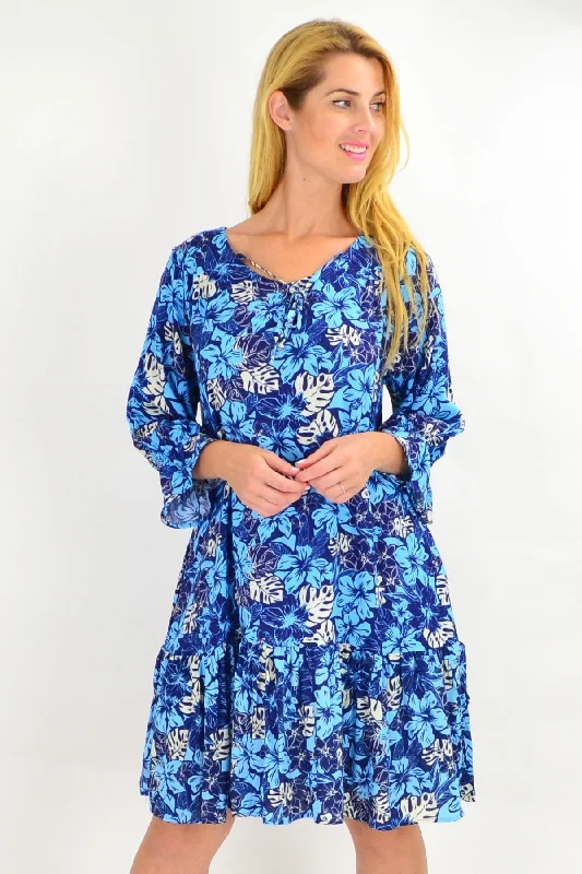 Blue Hawaiian Ruffle Sleeve Tunic Dress