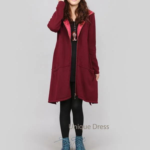 Burgundy zippered women sweater cardigan coat