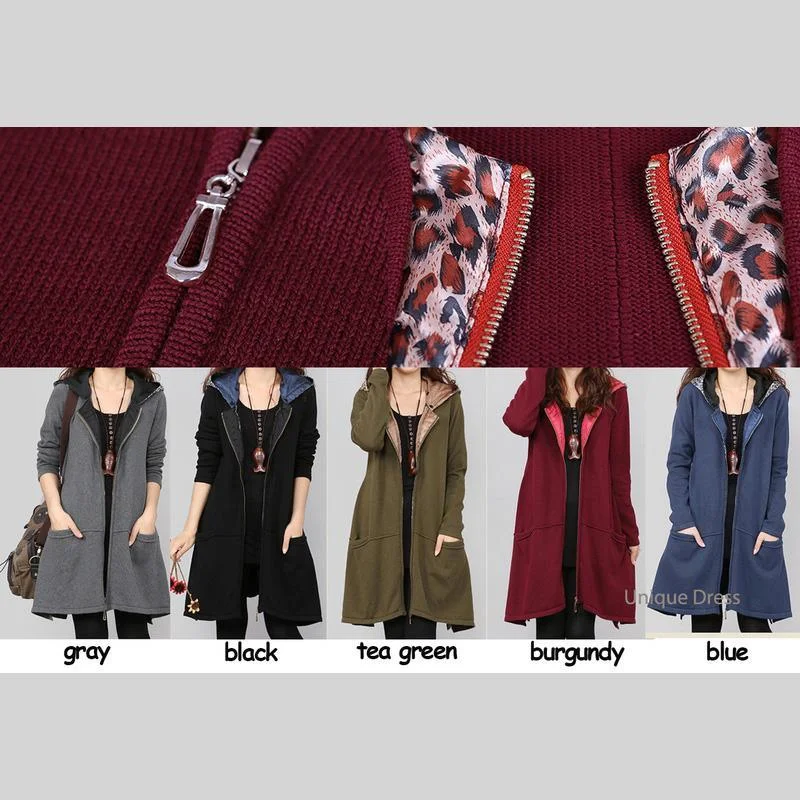 Burgundy zippered women sweater cardigan coat