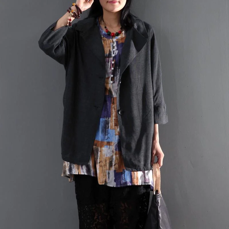 Dark gray cotton half sleeve women coat plus size cardigan trench coat