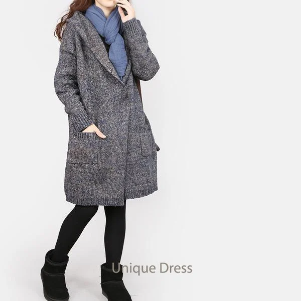 Gray women long cardigan knit coat