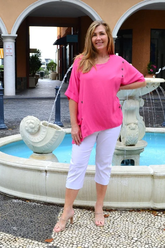 Hot Pink Coconut Button Sloping Sleeve Tunic Top