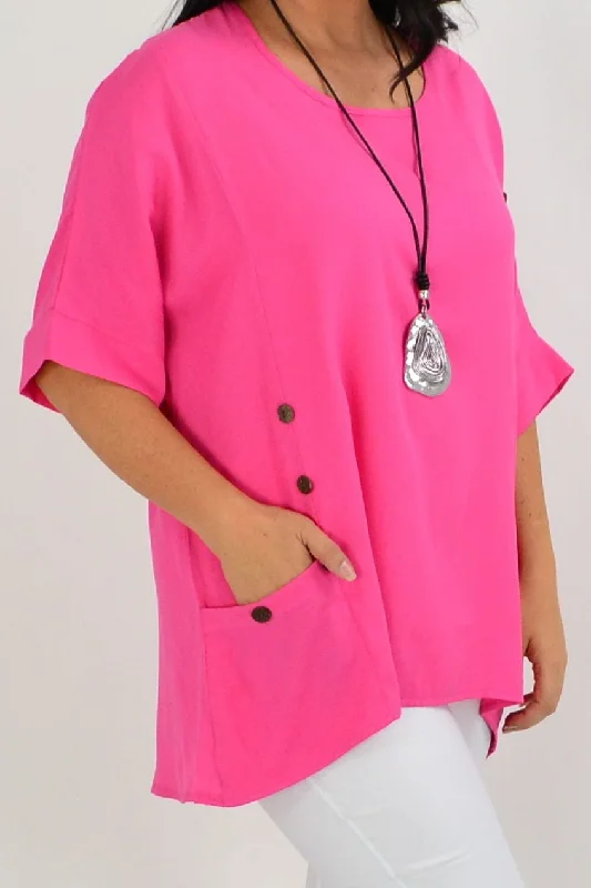 Hot Pink Coconut Button Sloping Sleeve Tunic Top