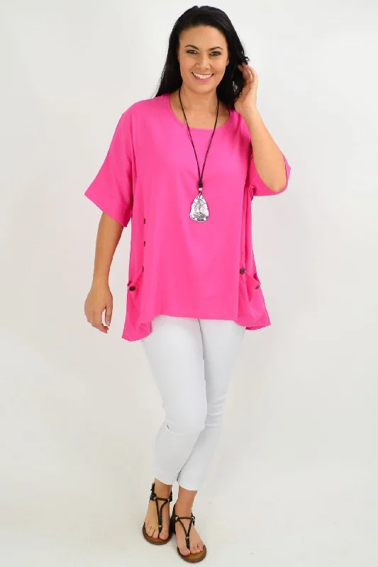 Hot Pink Coconut Button Sloping Sleeve Tunic Top