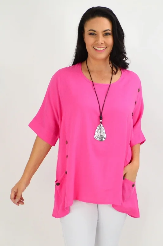 Hot Pink Coconut Button Sloping Sleeve Tunic Top