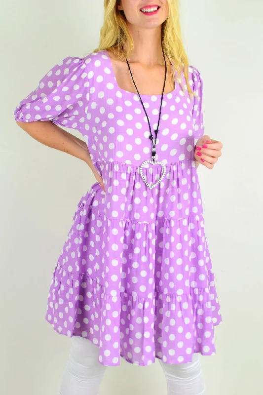 Mauve Polka Dot Puff Sleeves Tunics Dress