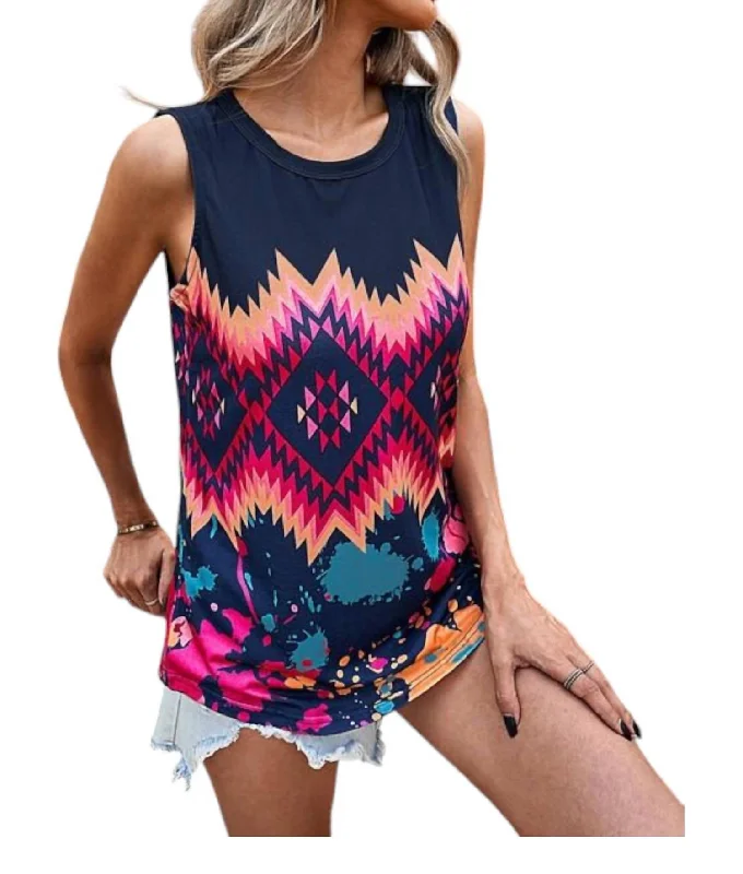 Aztec Tribal Tie-Dye Print Tank Top In Black Multi