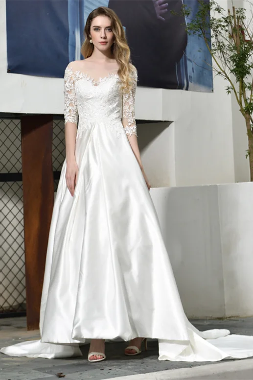 A Line 3/4 Sleeve Appliques Satin Court Train Wedding Dresses WH32387