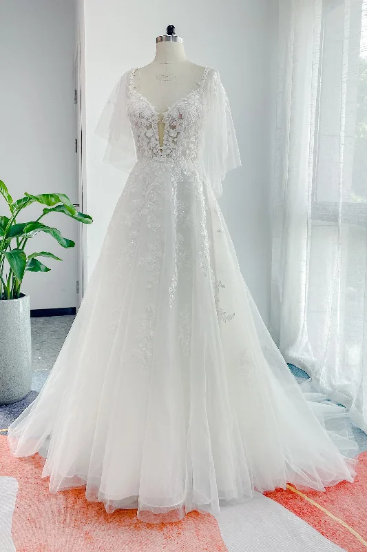 A-Line Court Train Lace Tulle Wedding Dress CW3160