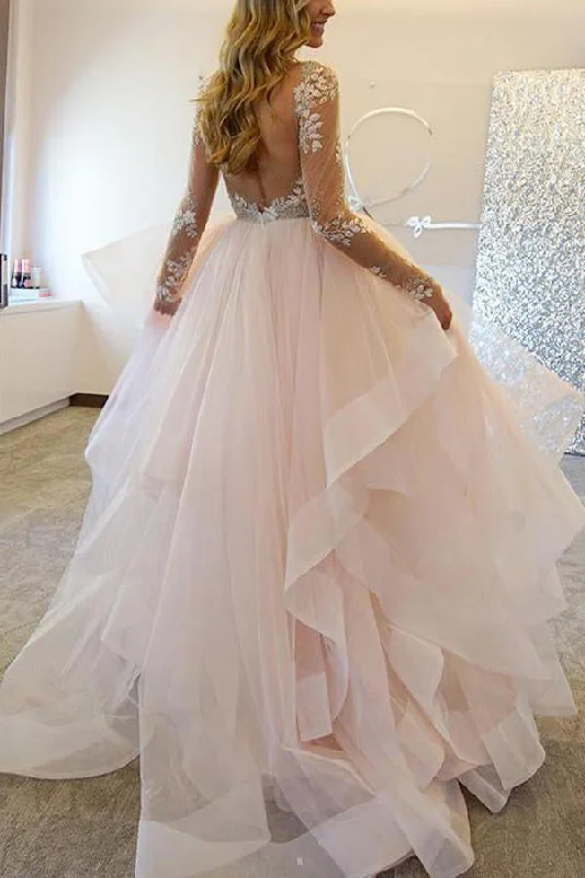 A Line Long Sleeves Tulle Sheer Neck Wedding Dresses With Appliques