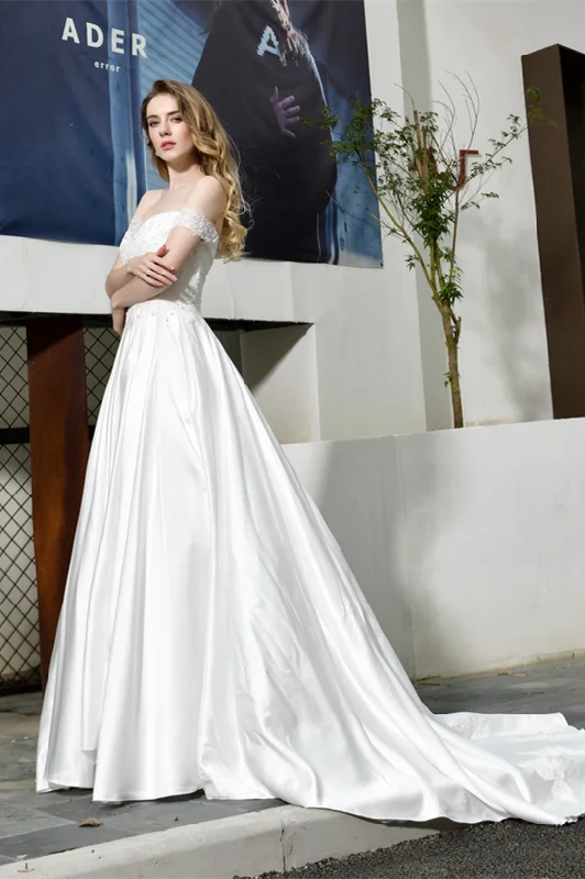 A Line Off The Shoulder Appliques Silk Like Satin Court Train Wedding Dresses WH32382