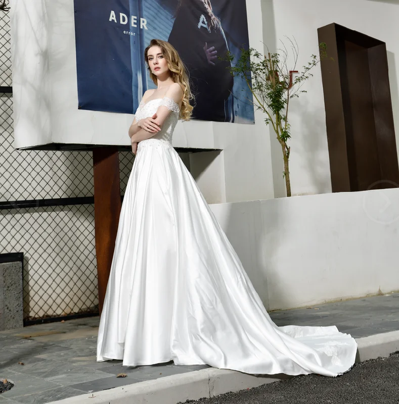 A Line Off The Shoulder Appliques Silk Like Satin Court Train Wedding Dresses WH32382