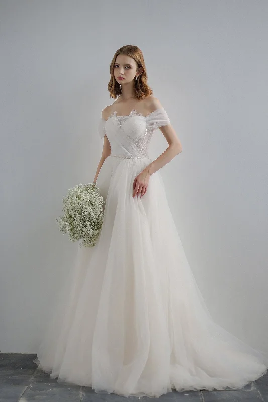 A-Line Sweep-Brush Train Lace Tulle Wedding Dress CW3220