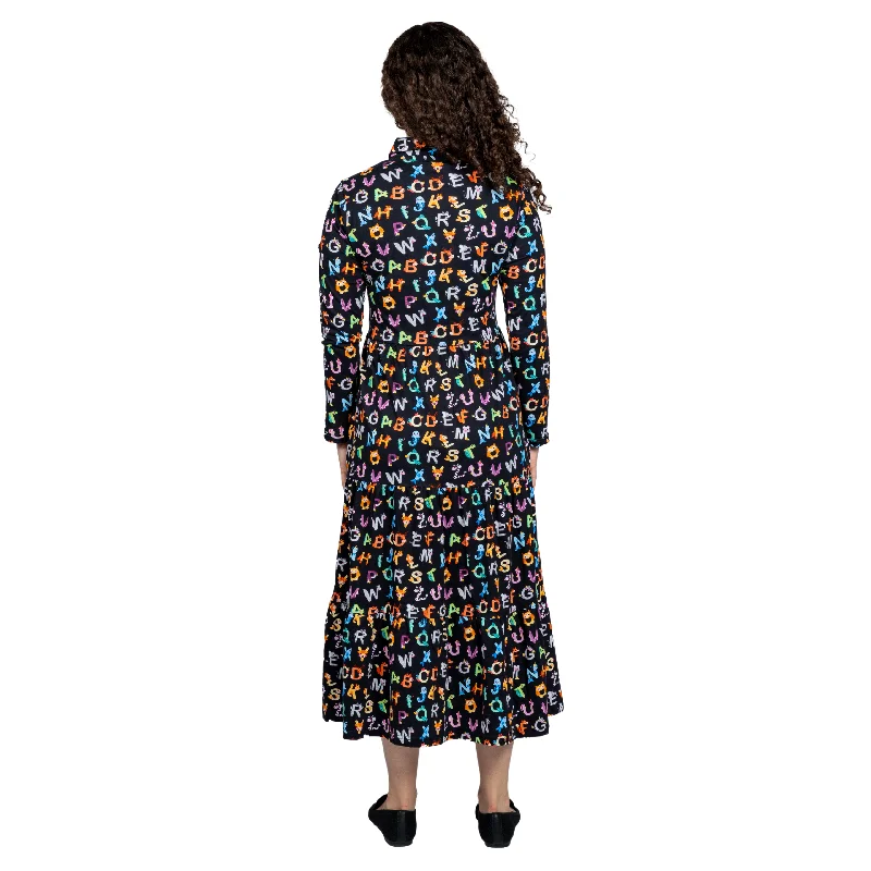 Animal Alphabet Long Sleeve Button-Up Tiered Midi Dress