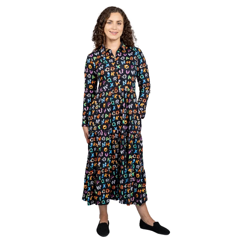 Animal Alphabet Long Sleeve Button-Up Tiered Midi Dress