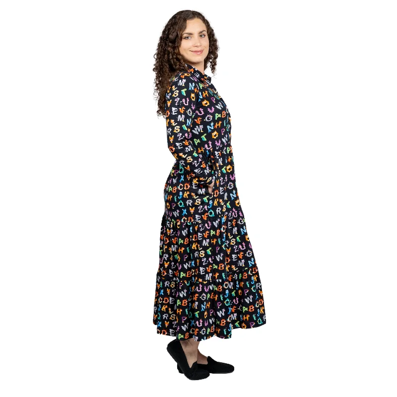 Animal Alphabet Long Sleeve Button-Up Tiered Midi Dress