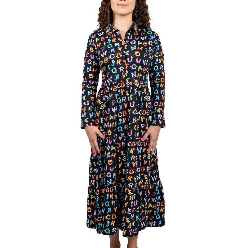 Animal Alphabet Long Sleeve Button-Up Tiered Midi Dress