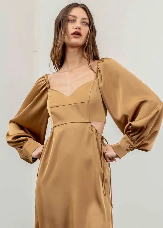 Antoinette Puff Long Sleeve Midi Dress - Bronze