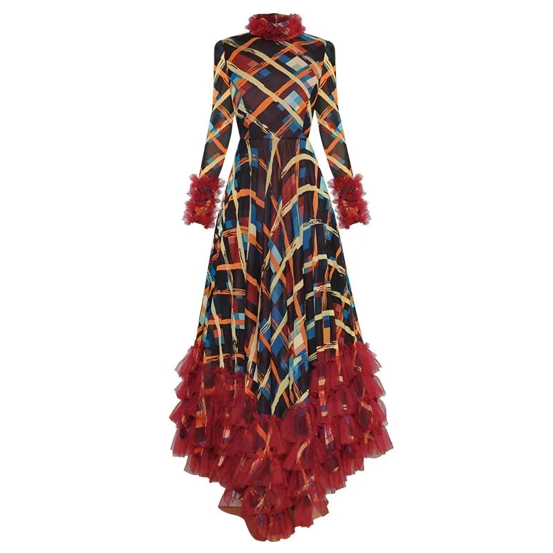 Asymmetrical High Collar Long Sleeve Plaid Print Ruffle Elegant Maxi Dress